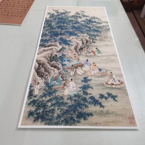夏荆山《竹林七贤图》复古书画人物国画真迹微喷仿古画芯挂抽装裱