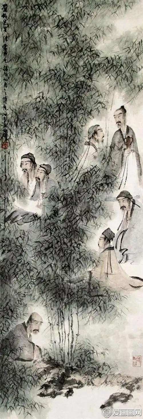 傅抱石《竹林七贤图》轴-1945年所绘七贤图水墨国画人物高清大图赏析